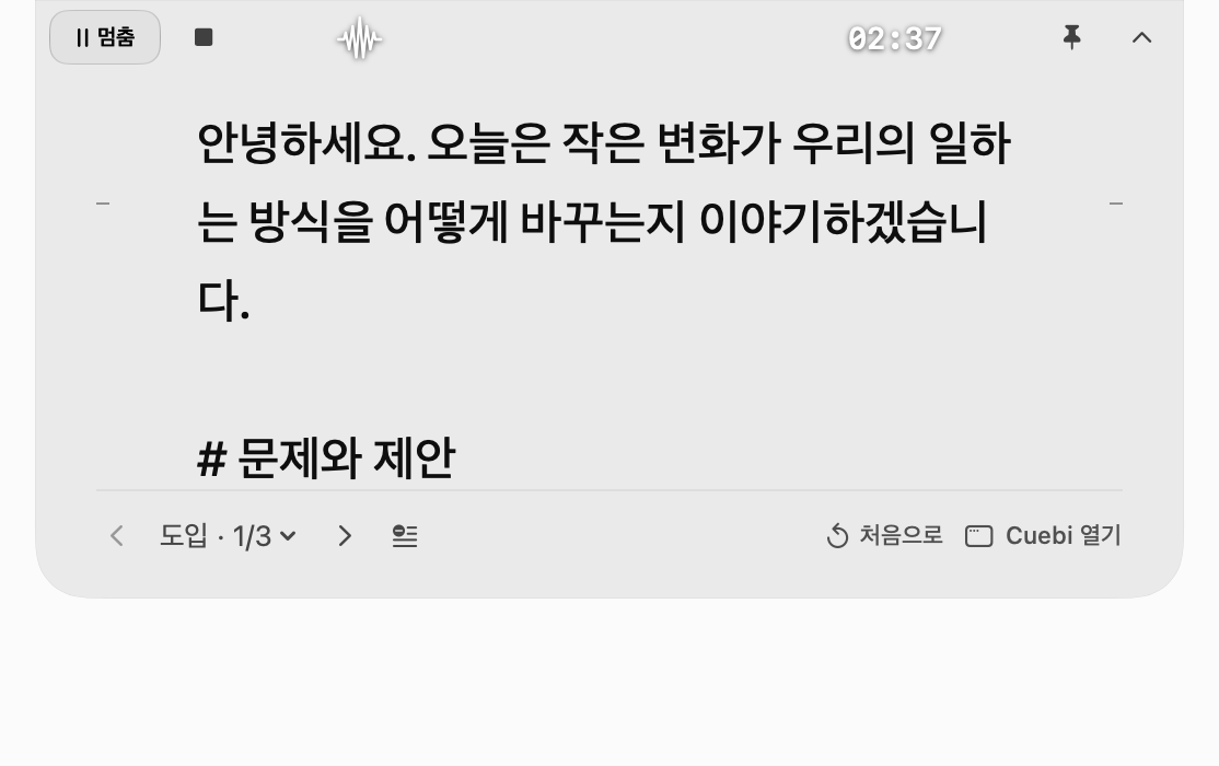 노치 읽기 화면을 확대한 실제 Cuebi 대본과 시간 표시